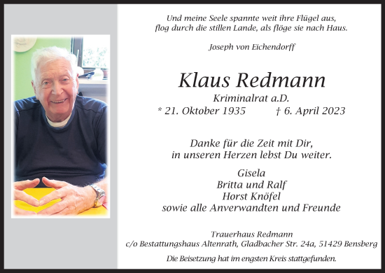 Anzeige von Klaus Redmann von Kölner Stadt-Anzeiger / Kölnische Rundschau / Express