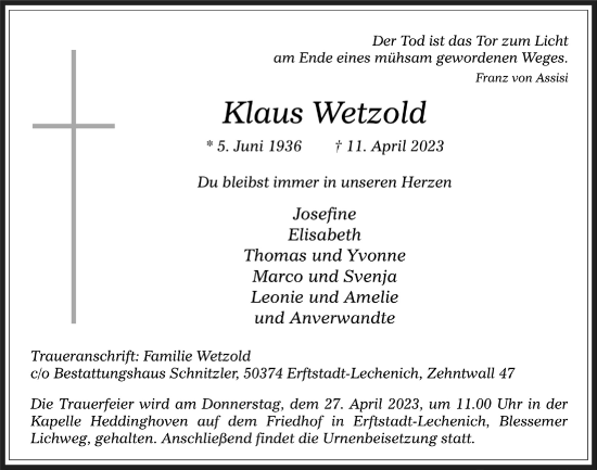 Anzeige von Klaus Wetzold von  Werbepost 