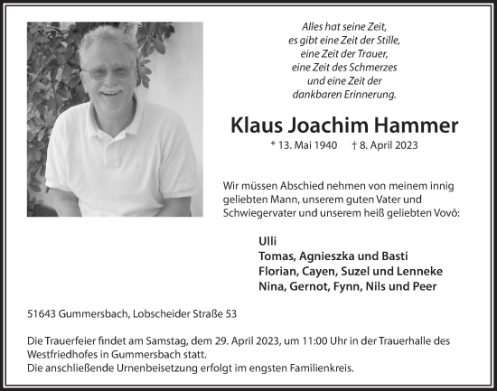 Anzeige von Klaus Joachim Hammer von  Anzeigen Echo 