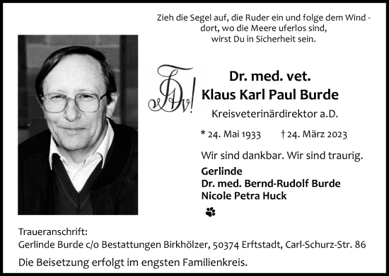 Anzeige von Klaus Karl Paul Burde von Kölner Stadt-Anzeiger / Kölnische Rundschau / Express