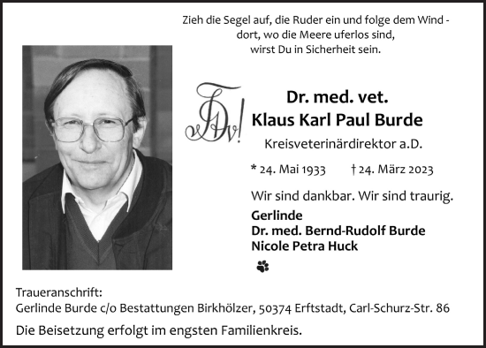 Anzeige von Klaus Karl Paul Burde von  Werbepost 