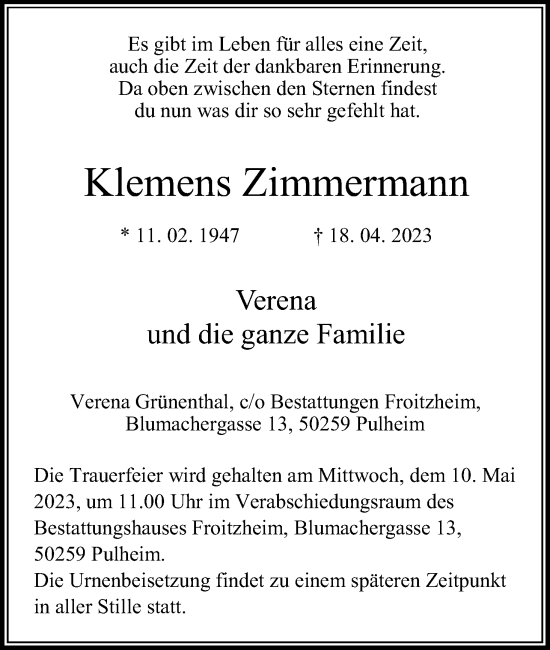 Anzeige von Klemens Zimmermann von Kölner Stadt-Anzeiger / Kölnische Rundschau / Express