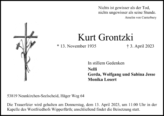 Anzeige von Kurt Grontzki von Kölner Stadt-Anzeiger / Kölnische Rundschau / Express