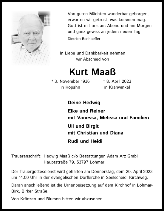 Anzeige von Kurt Maaß von Kölner Stadt-Anzeiger / Kölnische Rundschau / Express