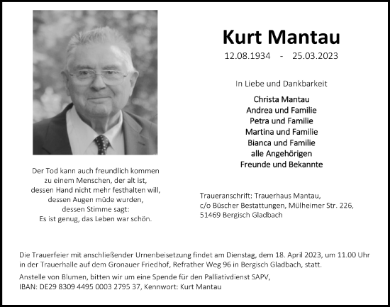 Anzeige von Kurt Mantau von  Bergisches Handelsblatt 