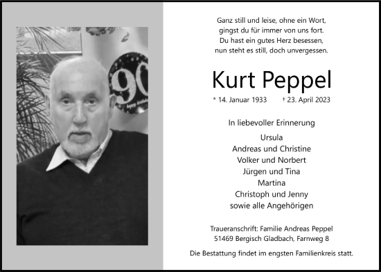 Anzeige von Kurt Peppel von  Bergisches Handelsblatt 