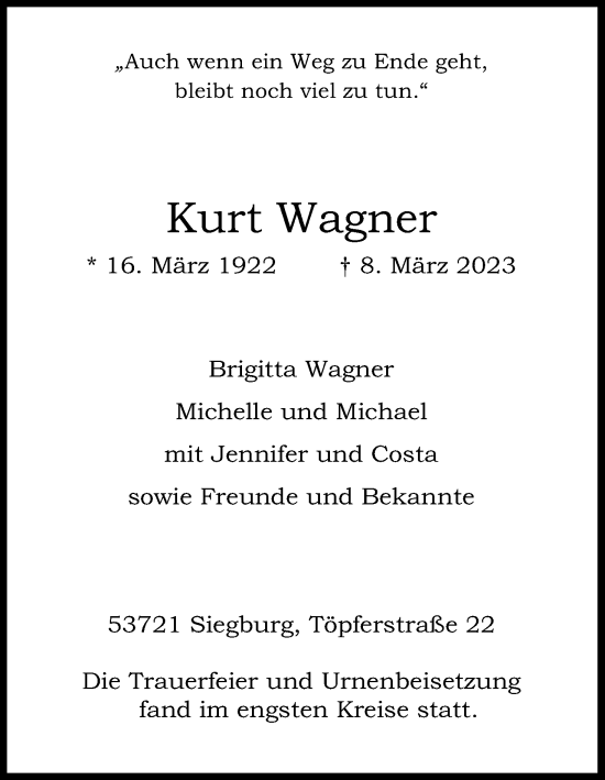 Anzeige von Kurt Wagner von Kölner Stadt-Anzeiger / Kölnische Rundschau / Express