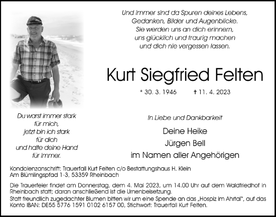 Anzeige von Kurt Siegfried Felten von  Schaufenster/Blickpunkt 
