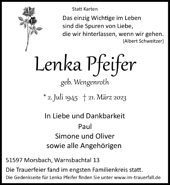 Anzeige von Lenka Pfeifer von  Lokalanzeiger 