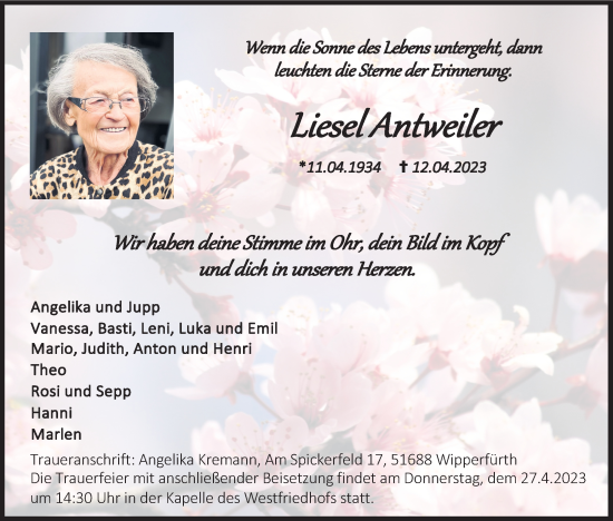 Anzeige von Liesel Antweiler von Kölner Stadt-Anzeiger / Kölnische Rundschau / Express