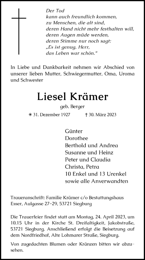 Anzeige von Liesel Krämer von  Extra Blatt 