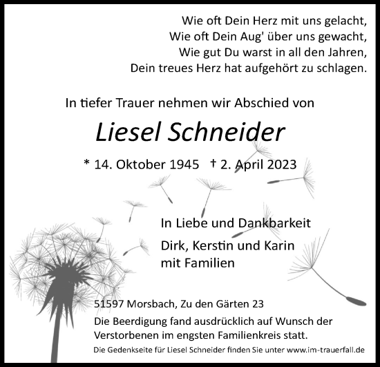 Anzeige von Liesel Schneider von Kölner Stadt-Anzeiger / Kölnische Rundschau / Express