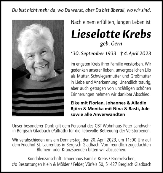 Anzeige von Lieselotte Krebs von Kölner Stadt-Anzeiger / Kölnische Rundschau / Express