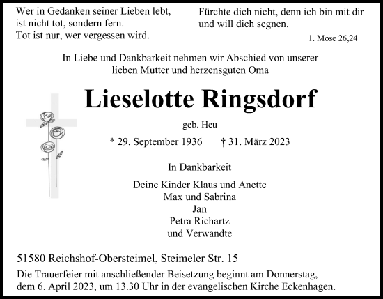 Anzeige von Lieselotte Ringsdorf von Kölner Stadt-Anzeiger / Kölnische Rundschau / Express