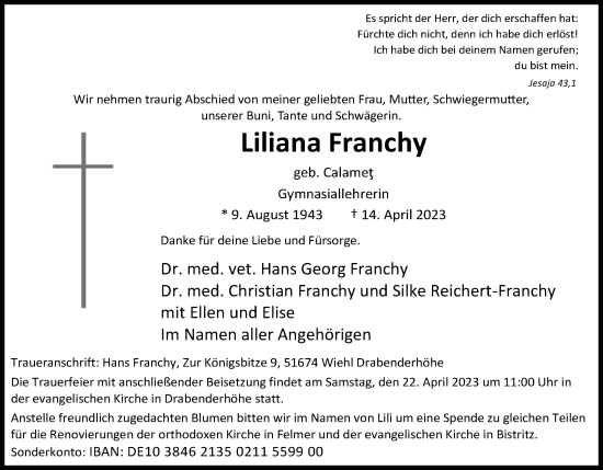 Anzeige von Liliana Franchy von Kölner Stadt-Anzeiger / Kölnische Rundschau / Express