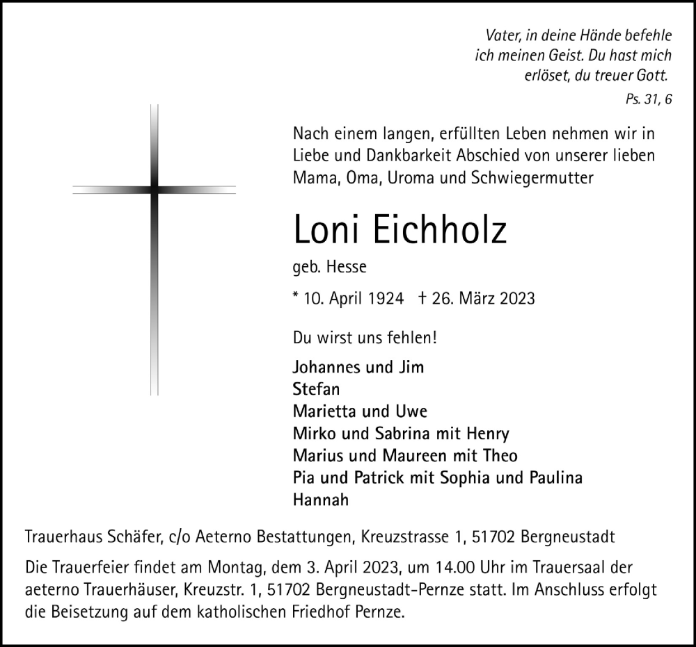  Traueranzeige für Loni Eichholz vom 31.03.2023 aus  Anzeigen Echo 