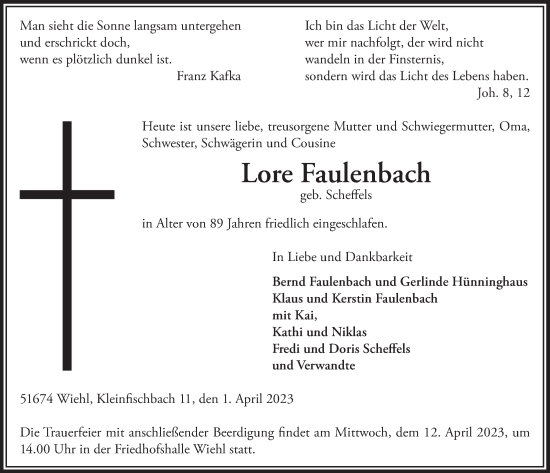 Anzeige von Lore Faulenbach von  Anzeigen Echo 