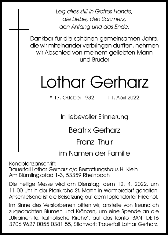 Anzeige von Lothar Gerharz von Kölner Stadt-Anzeiger / Kölnische Rundschau / Express