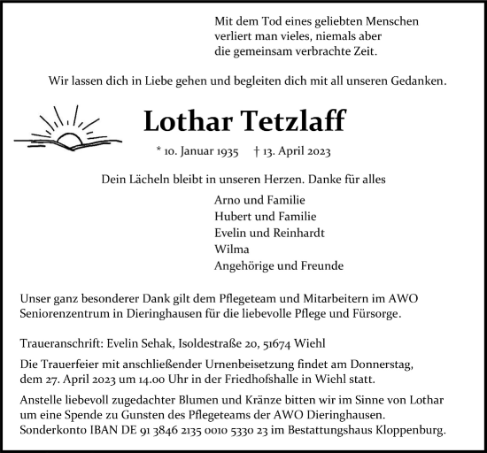 Anzeige von Lothar Tetzlaff von  Anzeigen Echo 