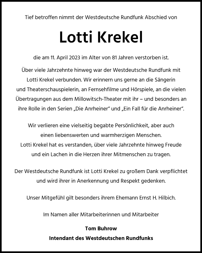  Traueranzeige für Lotti Krekel vom 19.04.2023 aus Kölner Stadt-Anzeiger / Kölnische Rundschau / Express