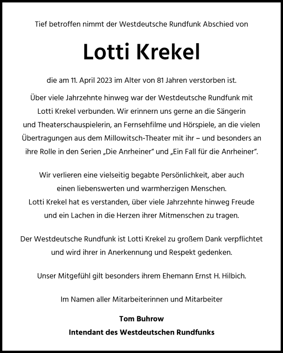 Anzeige von Lotti Krekel von Kölner Stadt-Anzeiger / Kölnische Rundschau / Express