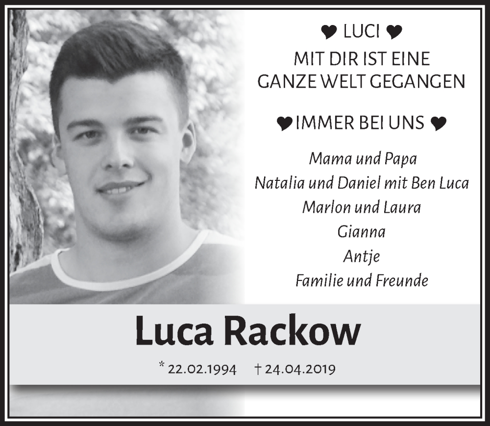  Traueranzeige für Luca Rackow vom 28.04.2023 aus  Anzeigen Echo 