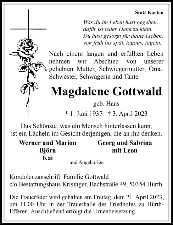 Anzeige von Magdalene Gottwald von  Wochenende 