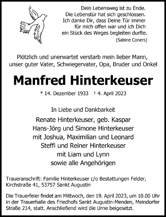Anzeige von Manfred Hinterkeuser von  Extra Blatt 