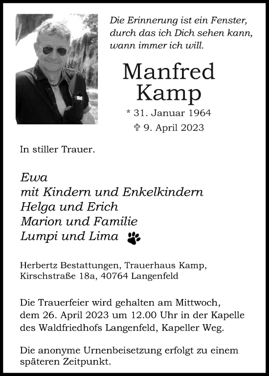 Anzeige von Manfred Kamp von Kölner Stadt-Anzeiger / Kölnische Rundschau / Express