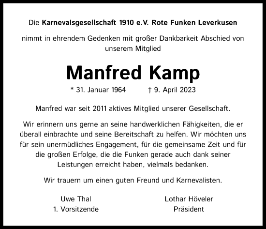 Anzeige von Manfred Kamp von Kölner Stadt-Anzeiger / Kölnische Rundschau / Express