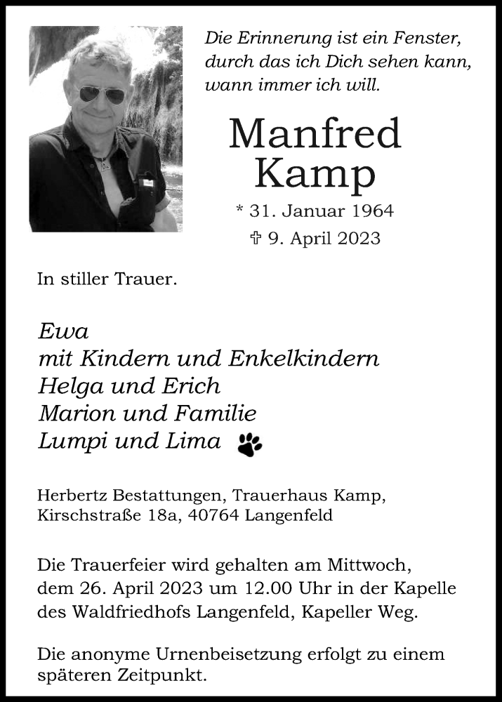  Traueranzeige für Manfred Kamp vom 15.04.2023 aus Kölner Stadt-Anzeiger / Kölnische Rundschau / Express
