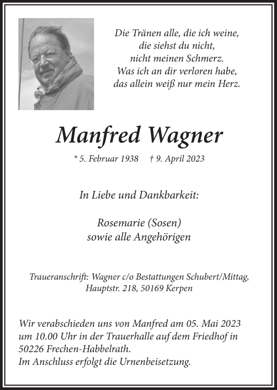 Anzeige von Manfred Wagner von  Wochenende 