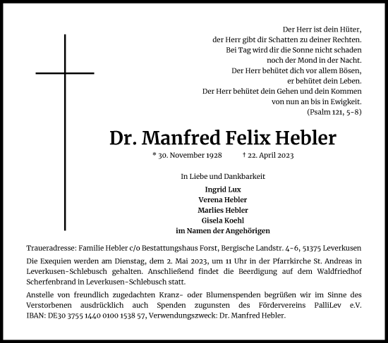 Anzeige von Manfred Felix Hebler von Kölner Stadt-Anzeiger / Kölnische Rundschau / Express