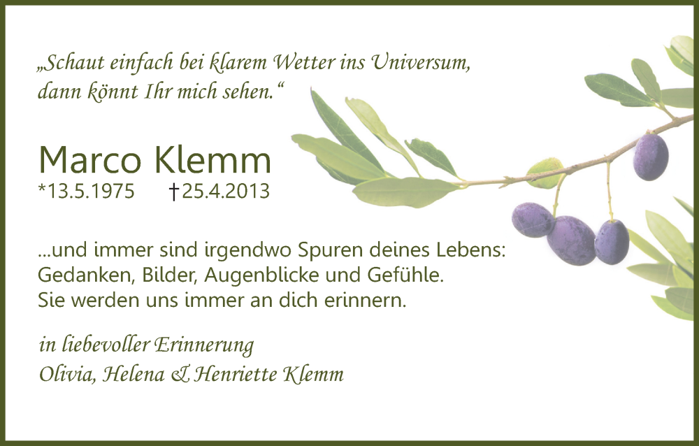  Traueranzeige für Marco Klemm vom 25.04.2023 aus Kölner Stadt-Anzeiger / Kölnische Rundschau / Express