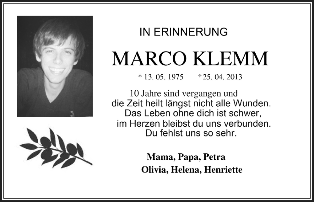  Traueranzeige für Marco Klemm vom 28.04.2023 aus  Anzeigen Echo 