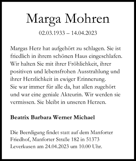 Anzeige von Marga Mohren von Kölner Stadt-Anzeiger / Kölnische Rundschau / Express