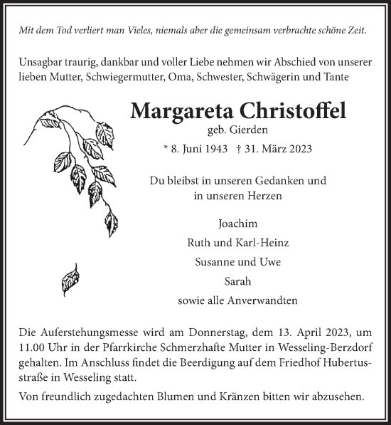 Anzeige von Margareta Christoffel von  Schlossbote/Werbekurier 