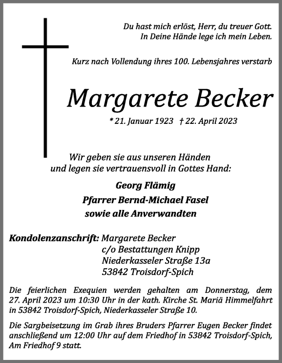 Anzeige von Margarete Becker von Kölner Stadt-Anzeiger / Kölnische Rundschau / Express