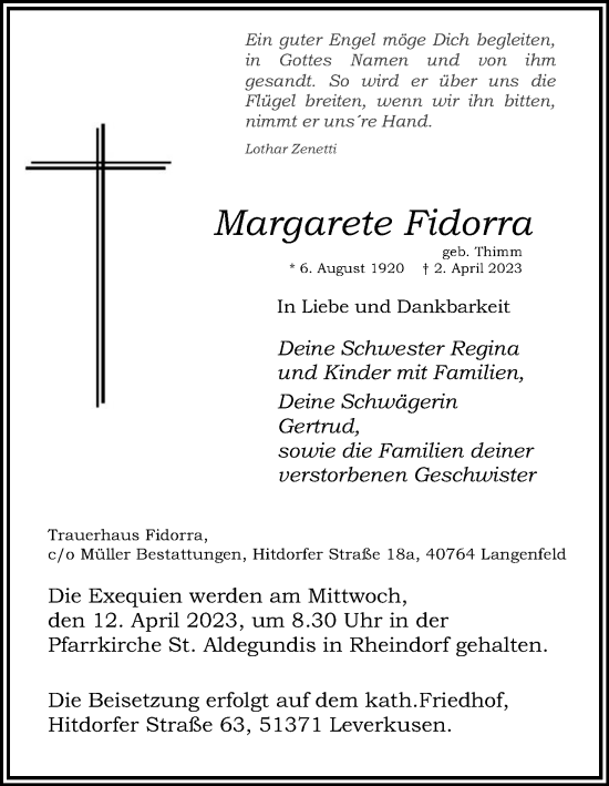 Anzeige von Margarete Fidorra von Kölner Stadt-Anzeiger / Kölnische Rundschau / Express