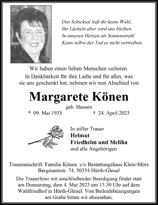 Anzeige von Margarete Könen von  Wochenende 