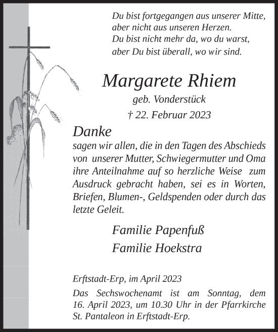Anzeige von Margarete Rhiem von  Werbepost 