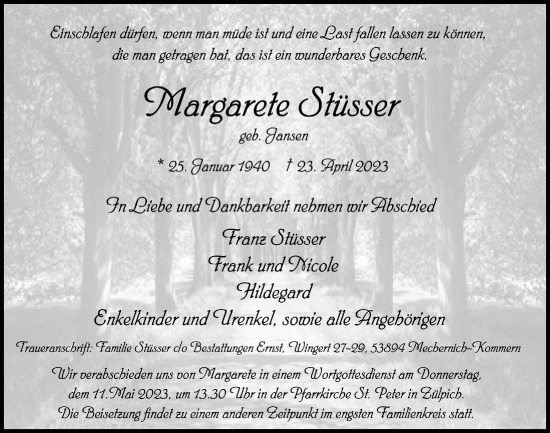 Anzeige von Margarete Stüsser von  Blickpunkt Euskirchen 