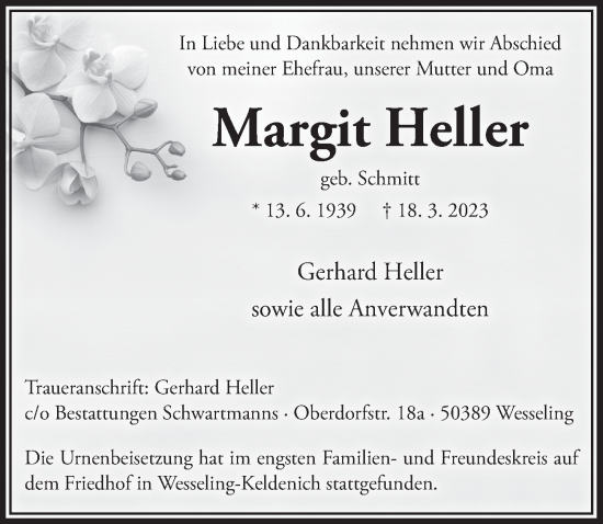 Anzeige von Margit Heller von  Schlossbote/Werbekurier 
