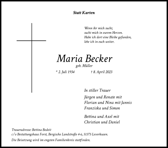 Anzeige von Maria Becker von Kölner Stadt-Anzeiger / Kölnische Rundschau / Express