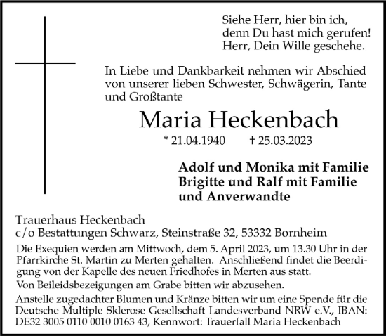 Anzeige von Maria Heckenbach von  Schlossbote/Werbekurier 