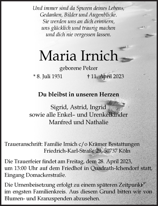 Anzeige von Maria Irnich von  Werbepost 