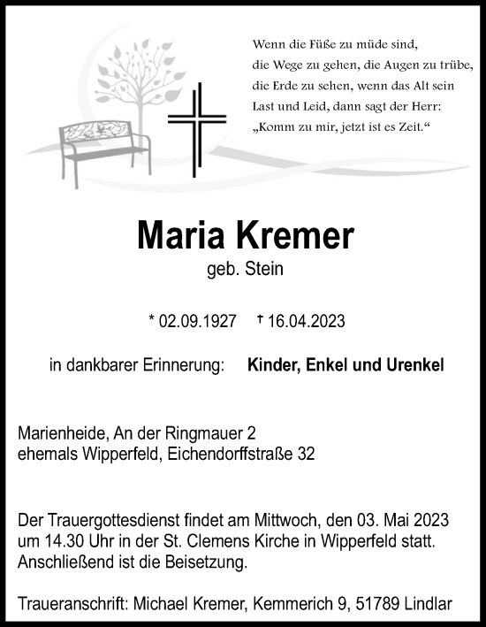 Anzeige von Maria Kremer von Kölner Stadt-Anzeiger / Kölnische Rundschau / Express