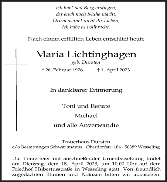 Anzeige von Maria Lichtinghagen von  Schlossbote/Werbekurier 
