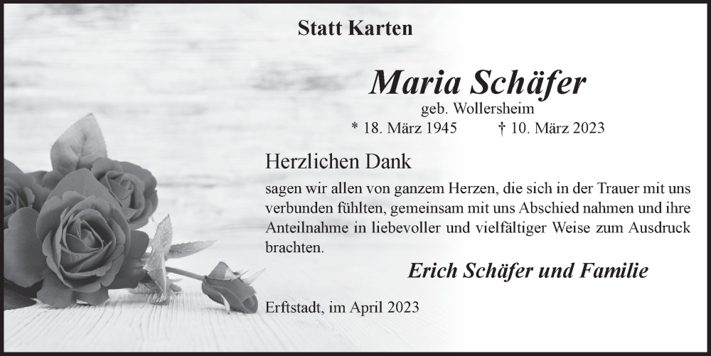  Traueranzeige für Maria Schäfer vom 21.04.2023 aus  Werbepost 