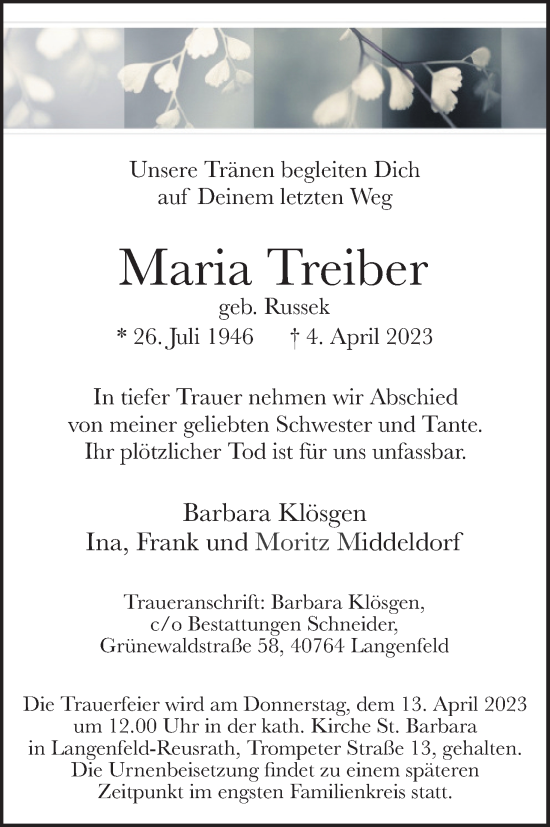 Anzeige von Maria Treiber von Kölner Stadt-Anzeiger / Kölnische Rundschau / Express